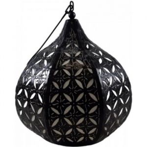 Suspension Lanterne Marocaine - Artisanat - Fer Forgé et Tissu - Ø25cm - Noir et Blanc - E27