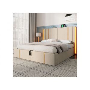 OKWISH Lit adulte 160×200cm - Lit complet simple - Chargement USB - LED - Sommier à lattes en bois - Lin beige (avec matelas)