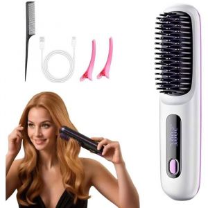 Brosse Lissante Chauffante Sans Fil 2026 3 Temp&eacute;ratures Cheveux Court Mini Blanc blanc PEIGNE LASER