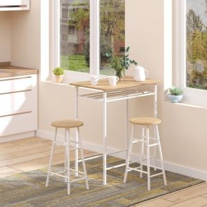 Table A Manger Avec Chaises Ens table bar 3Pièces-table+2tabourets+étagère MDF blanc+chêne 80x50x90cm salle à manger cuisine