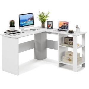 COSTWAY Bureau dAngle en Forme de L - L 130 x P 130 x H 74 CM - Étagères Rangement à 2 Niveaux - Contemporain - Blanc