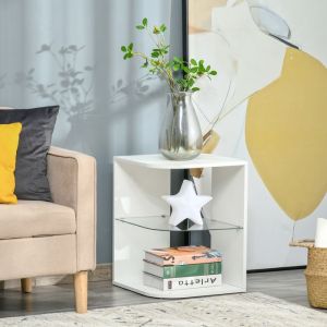 Table dappoint gu&eacute;ridon design contemporain bout de canap&eacute; &eacute;tag&egrave;re verre tremp&eacute; blanc