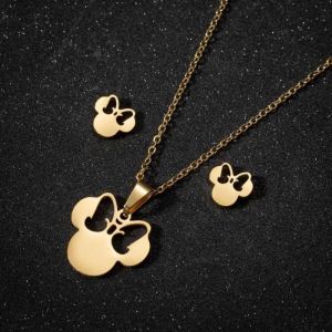 parure minnie ensemble bijoux fantaisie cadeau collier boucle doreille mickey dor&eacute; acier inoxydable