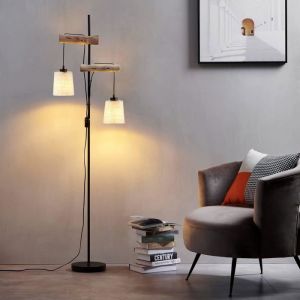 Lampadaire Sur Pied En BoisCorde Et Métal NoirLampe De Salon Avec Interrupteur 2* E27 Douille(Max. 60 WattNon Incluse Ampoule (