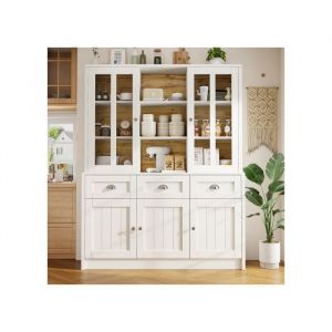 SOKERDY Buffet Cuisine Meuble Haut Cuisine 5 Portes 3 Tiroirs 9 Etag&egrave;res R&eacute;glables Armoire Acrylique Blanc 140x38.5x175 cm