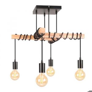 iDEGU 4lampes Suspension Luminaire IndustrielleLustre Vintage en M&eacute;tal et Bois E27 Luminaire Plafonnier R&eacute;glable Retro pour Salon