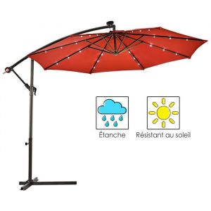 COSTWAY Parasol D&eacute;port&eacute; 3M Excentr&eacute; avec 24 LED Lampe Solaire en Polyester Imperm&eacute;able Hauteur 25M avec 8 Baleines en Fer Vin