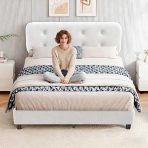 Lit Double - YIDATONG - 160x200 cm - T&ecirc;te de Lit Capitonn&eacute;e - Sommier &agrave; Lattes - Bois Blanc