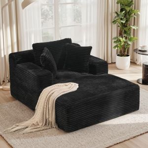 Chaise Longue Moderne Sans AssemblageM&eacute;ridienne en Velours C&ocirc;tel&eacute; avec Dossier et CoussinsCanap&eacute; Relax avec Soutien Lombaire-Noir