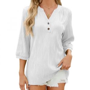 T-Shirt Femme - INSFITY - Col V Avec Boutons - Manches 3-4 - Uni - &Eacute;t&eacute;