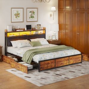 Lit Double Rembourré 180x200 cm avec LEDCadre de lit en métal4 TiroirsLit coffre adulte avec tête de lit avec rangementPU Noir