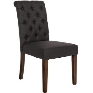 Chaise de salle à manger - Design - Dossier capitonné - Tissu gris foncé - Pieds en bois marron - Confortable