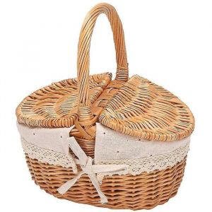 Panier en osier fait main avec poign&eacute;e panier de pique-nique de camping en osier avec double couvercle rangement pour courses