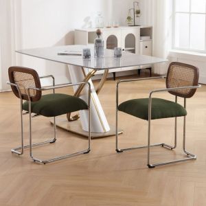 Wahson Chaises de Salle &agrave; Manger Moderne Lot de 2 Chaise de Cuisine Pied M&eacute;tal Chaise de Cuisine avec Dossier Osier Lin Vert