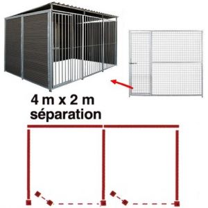 Chenil MKS en composite WPC - ETERNA - double 4 x 2 m avec 1 séparation, 2 portes - Façade en grillage