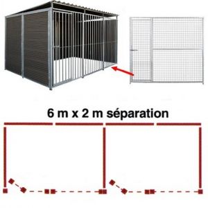 Chenil MKS en composite WPC - ETERNA - double 6 x 2 m avec 1 séparation, 2 portes - Façade en grillage