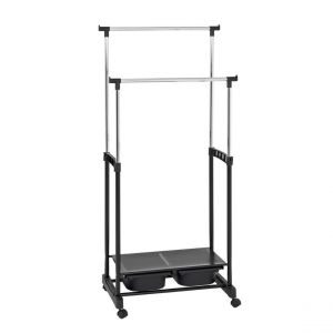 Portant à vetement sur roulettes double tringle en métal et plastique