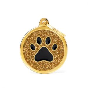 MYFAMILY-MyFamily Médaille d’identification Chien Shine Grand Cercle Patte Noir & Or – Ø 32 mm