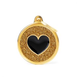 MYFAMILY-MyFamily Médaille d’identification Chien Shine Grand Cercle Cœur Noir & Or – Ø 32 mm