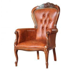 Fauteuil classique bois et vrai cuir capitonné