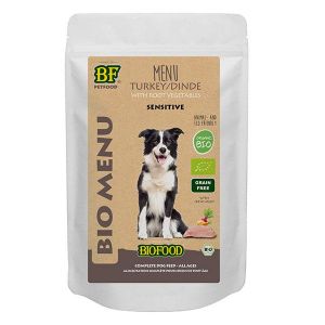 Biofood Menu Bio à base de 50% de viande de dinde BIO pour chien. Sachet de 150g