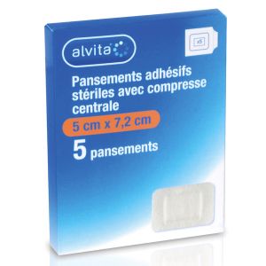 Alvita Pansement Adh&eacute;sif St&eacute;rile avec Compresse Centrale 5 x 7,2cm
