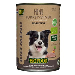 Biofood Menu Bio &agrave; base de 50% de viande de dinde BIO pour chien. Bo&icirc;te de 400g.