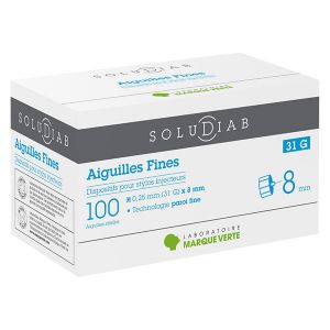 Marque Verte Soludiab Aiguille Ultrafine pour Stylo Injecteur d'Insuline 8mm 31G 100 unit&eacute;s