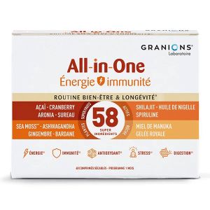 Laboratoire des Granions All-In-One &Eacute;nergie Immunit&eacute;, Long&eacute;vit&eacute;, Ashwagandha Shilajit, 60 comprim&eacute;s