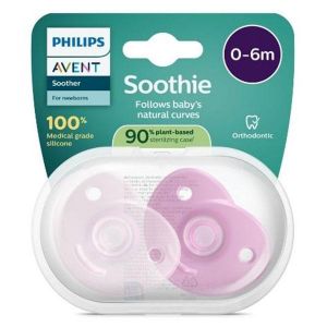 Avent Lot 2 sucettes Soothie Heart silicone médical sans BPA, 0-6M rose