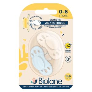 Biolane 2 Sucettes 0-6 mois Bleu et Beige Base extra-fine et t&eacute;terelle r&eacute;versible