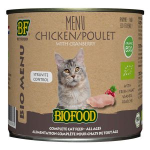 Biofood Menu Bio &agrave; base de 79% de viande de poulet BIO pour chat. Bo&icirc;te de 200g.
