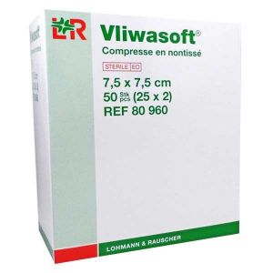 L&R Vliwasoft Compresse en Non-Tissé 30g S-2 7,5cmx7,5cm Boite-25s Stérile