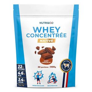 Nutri&Co Protéines Whey Concentrate Native en poudre - 30 Portions Goût Chocolat - 900gr