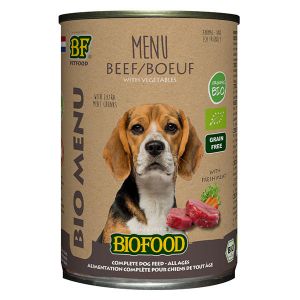 Biofood Menu Bio à base de 50% de viande de boeuf BIO pour chien. Boîte de 400g.