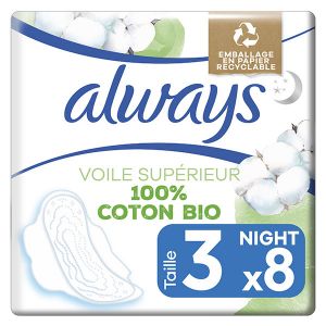 Always Coton Protection Night Serviettes avec Ailettes 8 unités