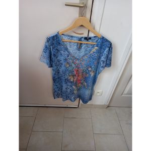 Sans marque  Blouses Haut Neuf pour femme, ' J.RIU ', coloris bleu, impression devant