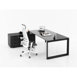 Bureau d'angle en verre pour direction avec rangement et caisson