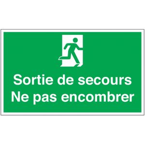 Marquage au sol ISO 7010 avec texte et pictogramme - Sortie de secours Ne pas encombrer- E002