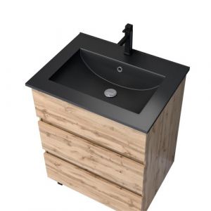 Pack meuble de salle de bains 60 cm sur pieds - 3 tiroirs - ch&ecirc;ne naturel + Vasque noire - Timber AURLANE