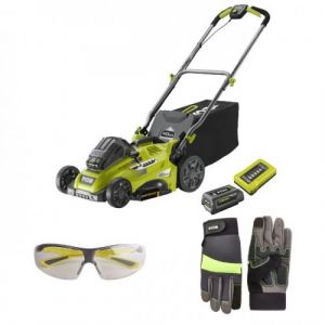 Pack tondeuse &agrave; batterie 36V Max Power (1x5,0Ah) RLM36X41H50G + gants de jardinage + lunettes de protection RYOBI