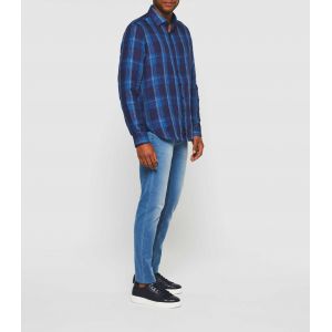 IZAC - Chemise &agrave; carreaux en lin manches longues bleue ''Kyron''