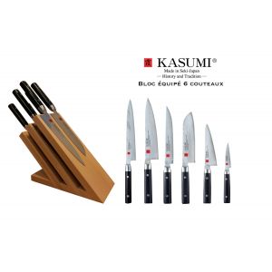 Bloc à couteaux en hêtre aimanté tout équipé de 6 couteaux Kasumi...