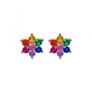 Boucles d'oreille en argent rhodi&eacute; &eacute;toile de pierres multi couleurs et fermoir poussette