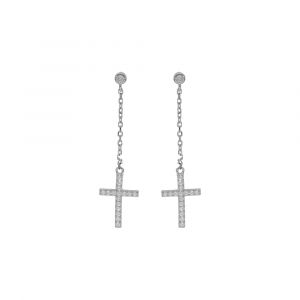 Boucles d'oreille en argent rhodi&eacute; avec cha&icirc;nette et croix avec oxydes blancs sertis 17x10mm et fermoir poussette