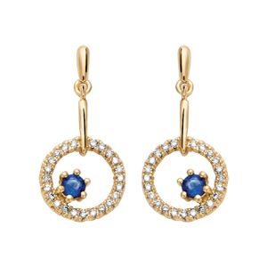Boucles d'oreille pendantes en plaqué or collection joaillerie anneau d'oxydes blancs et pierre en verre bleu nuit et fermoir poussette