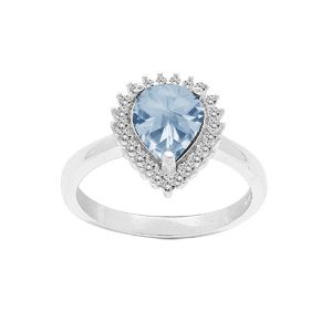 Bague en argent rhodié saphir véritable, forme goutte 8x6 avec contour Topazes blanches sertis