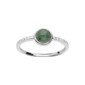 Bague en argent rhodié avec Jade vert véritable et oxydes blancs sertis