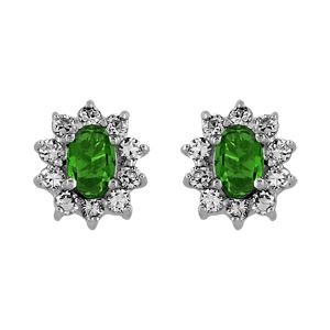 Boucles d'oreilles en argent rhodié collection joaillerie oxyde vert au centre et petits oxydes blancs autour et fermoir avec poussette