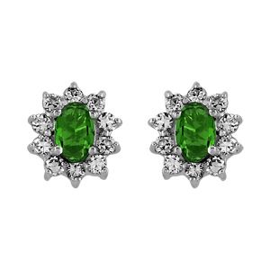 Boucles d'oreilles en argent rhodié collection joaillerie oxyde vert au centre et petits oxydes blancs autour et fermoir avec poussette